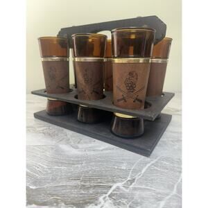 Vintage Set 6 Siesta Ware Knight Glasses Wooden Caddy Mid Century Bar Tiki